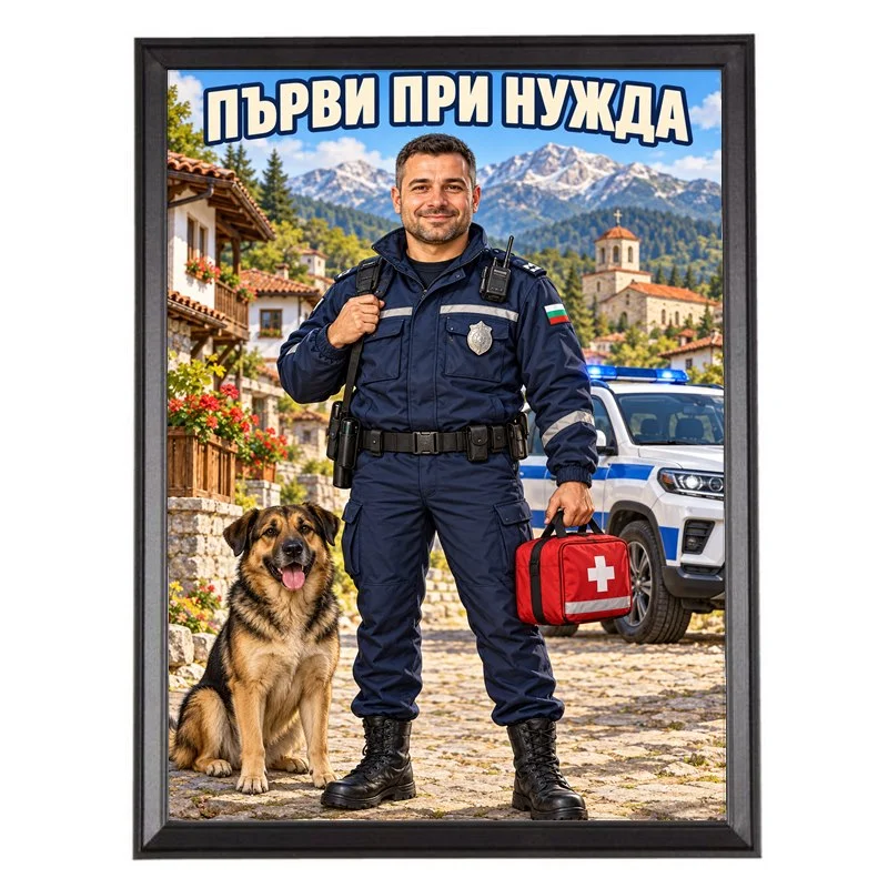 Карикатура за Полицай с Куче - Първи при Нужда