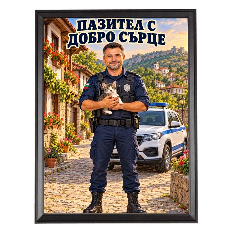 Карикатура за Полицай с Коте - Пазител с Добро Сърце