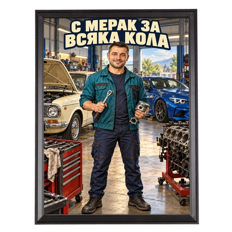 Карикатура Автомеханик с Ретро Кола - С Мерак за Всяка Кола