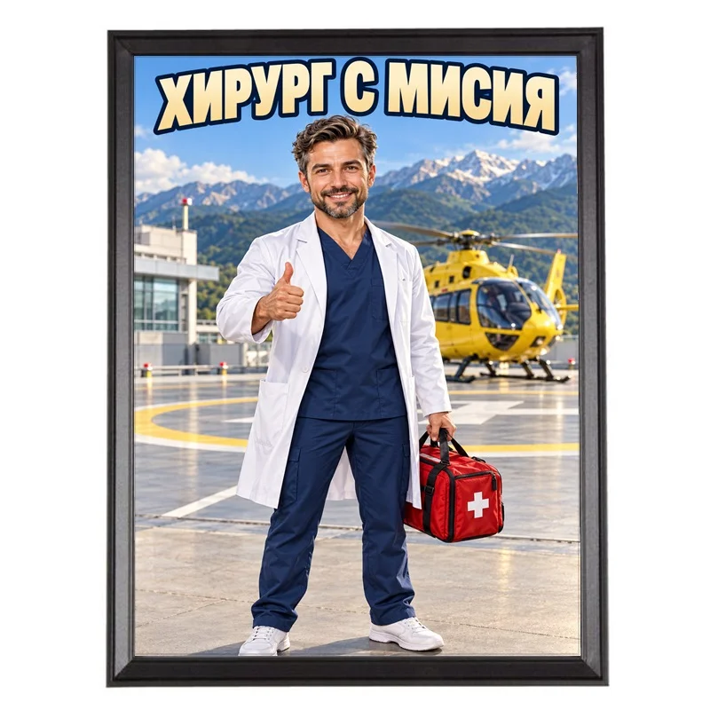 Карикатура за Лекар Хирург - Хирург с Мисия и Хеликоптер