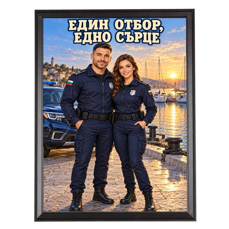 Карикатура за Мъж и Жена Полицаи - Един Отбор, Едно Сърце