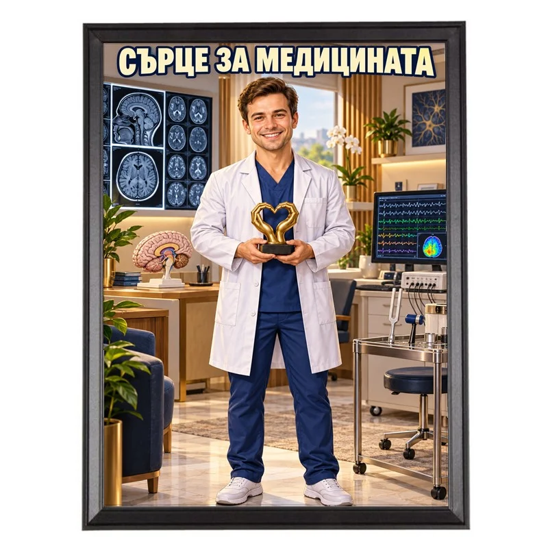 Карикатура за Мъж Невролог с Награда - Сърце за Медицината