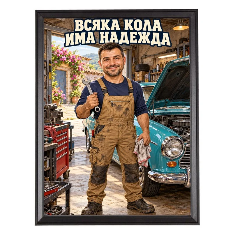 Карикатура за Механик на Ретро Коли - Всяка Кола Има Надежда