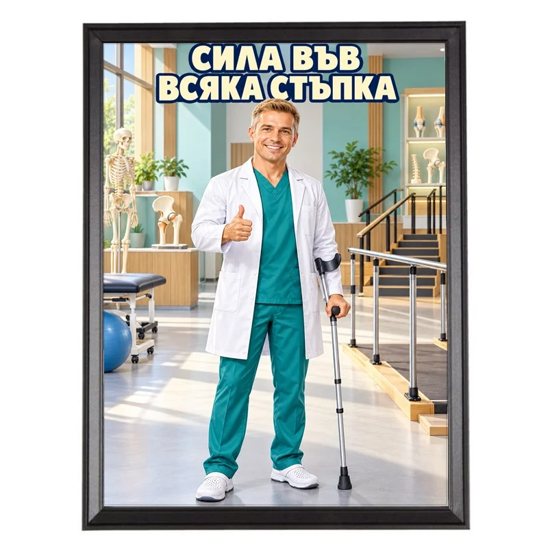 Карикатура за Ортопед с Патерица - Сила във Всяка Стъпка