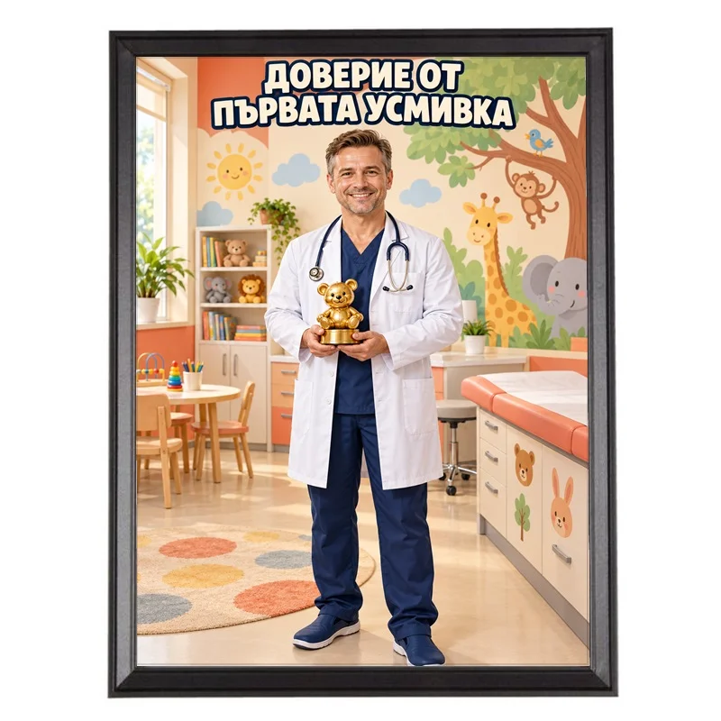 Карикатура за Педиатър с Трофей - Доверие от Първата Усмивка