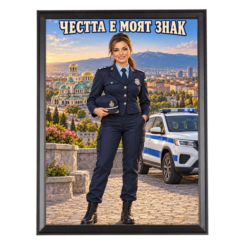 Карикатура на Полицайка с Фуражка - Честта е Моят Знак