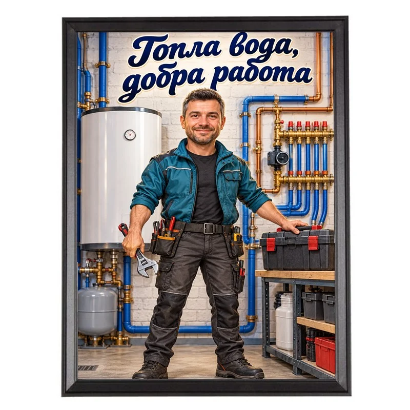 Карикатура Майстор на Отопление - Топла Вода, Добра Работа