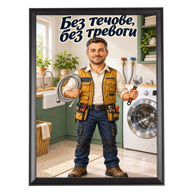 Карикатура Водопроводчик с Маркуч - Без Течове, Без Тревоги