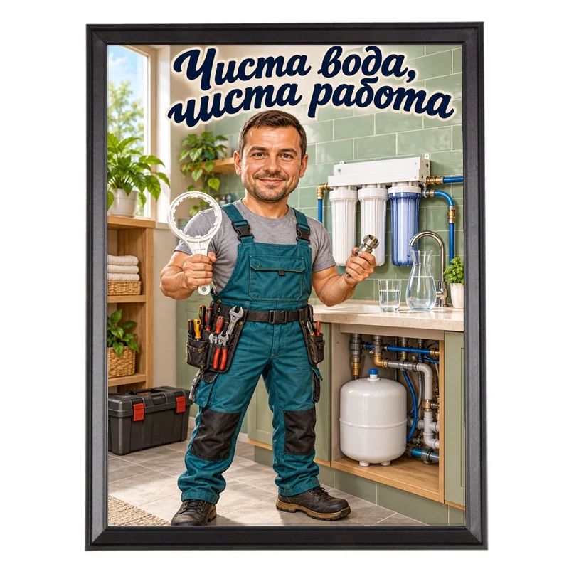 Карикатура за Монтажник на Филтри - Чиста Вода, Чиста Работа