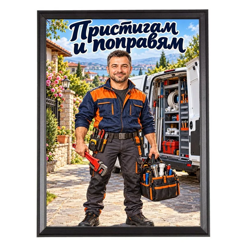 Карикатура за Водопроводчик с Бус - Пристигам и Поправям