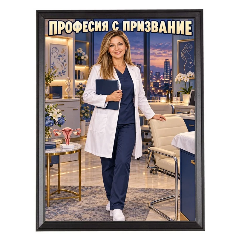 Карикатура за Жена Гинеколог в Рамка - Професия с Призвание