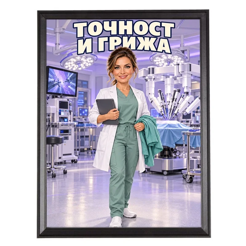 Карикатура за Жена Хирург с Робот - Точност и Грижа