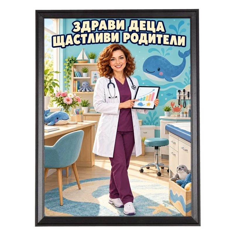 Карикатура Педиатър Жена - Здрави Деца, Щастливи Родители