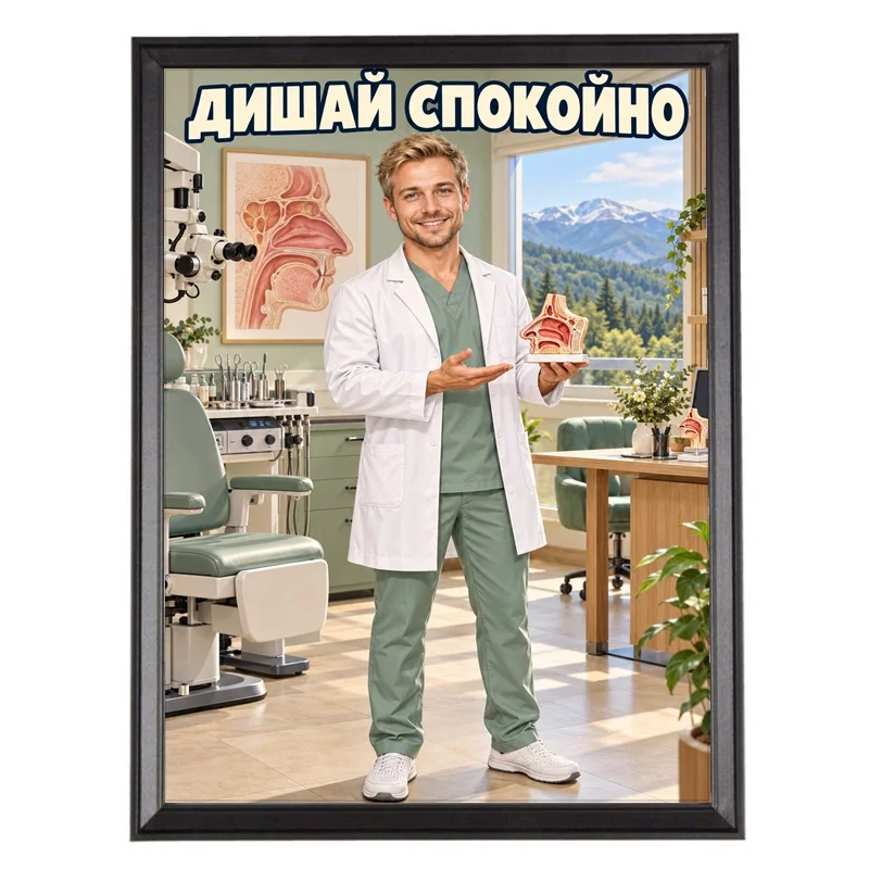 Шарж на Ушно-Носно-Гърлен Лекар - Карикатура Дишай Спокойно