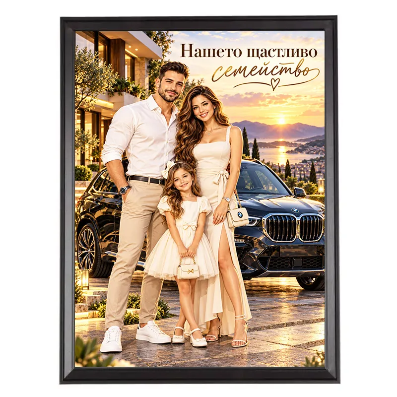Карикатура за Семейство - Баща Майка и Момиче с BMW