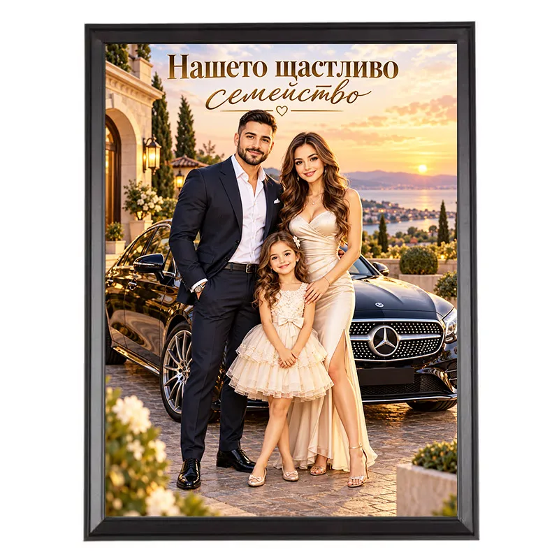 Семейна Карикатура Баща Майка и Момиче с Мерцедес